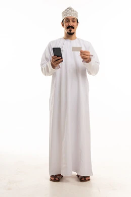 Omani Man with Smartphone and Card on White Background