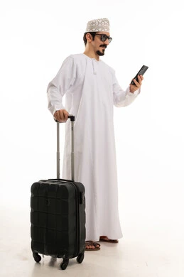 Omani Man with Suitcase and Smartphone on White Background