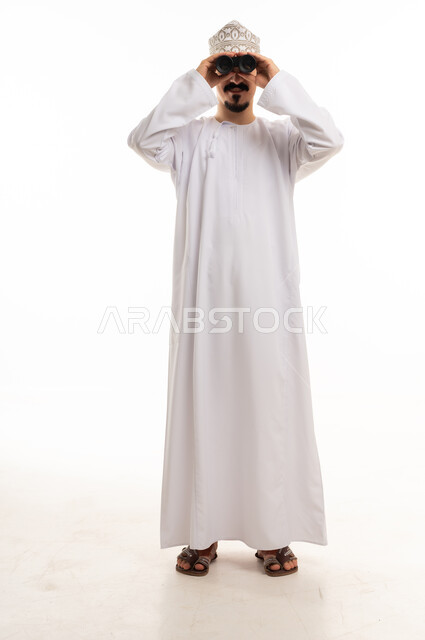 Omani Man with Binoculars on White Background