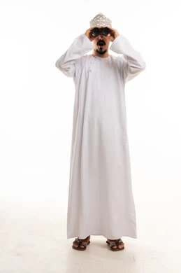 Omani Man Looking Through Binoculars on White Background