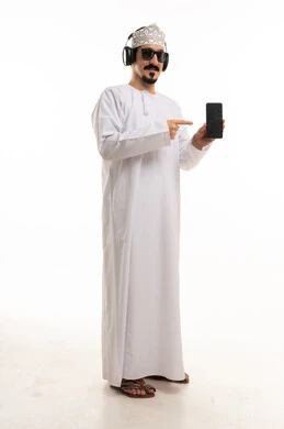 Omani Man in Traditional Dress Pointing at Smartphone