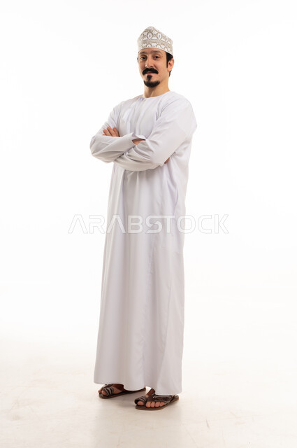 Omani Man in Traditional Dishdasha on White Background