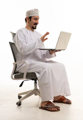 Omani Man Waving at Laptop on White Background