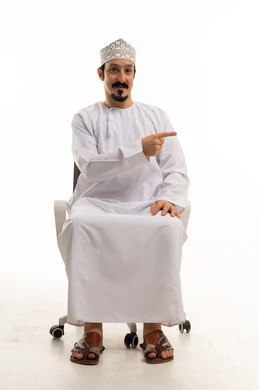 Omani Man in Traditional Dress Pointing on White Background