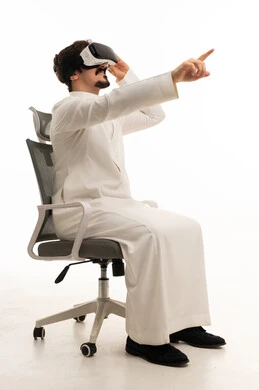 Arab Man Wearing VR Headset Pointing on White Background
