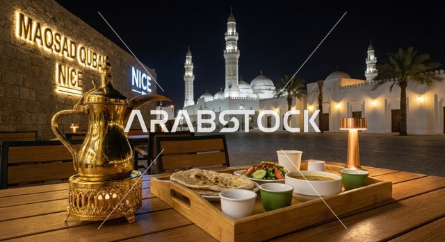 عشاء وقهوة عربية في مقصد قباء بالمدينة المنورة ليلاً