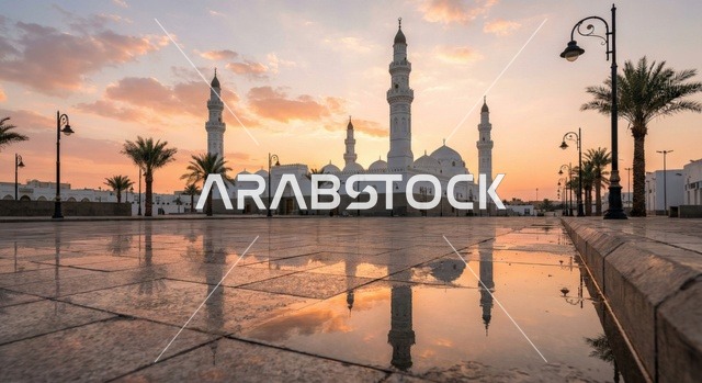 مسجد قباء في المدينة المنورة وقت الغروب