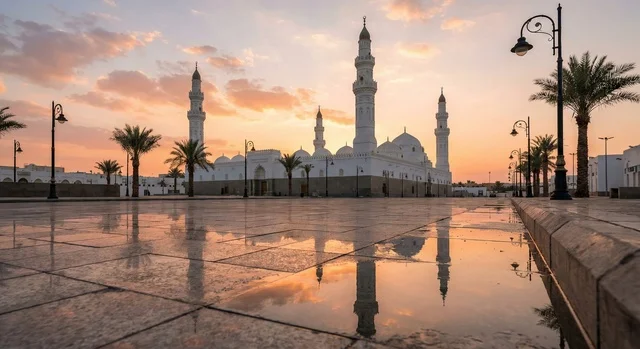 Quba Mosque Medina Sunset with Plaza Reflection