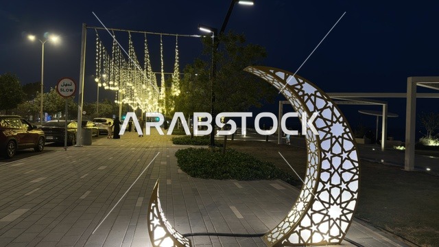 Ramadan Crescent Decorations at Dammam Corniche Night