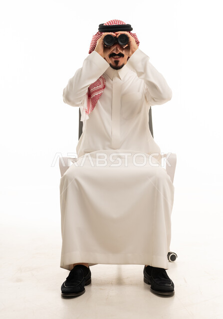 Saudi Man with Binoculars on Office Chair White Background