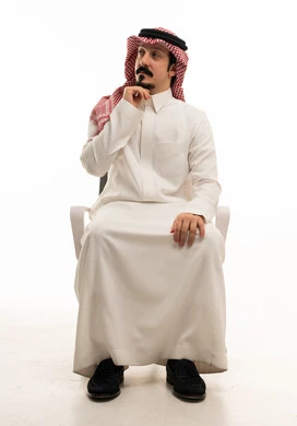 Saudi Man in Traditional Thobe Thinking on White Background