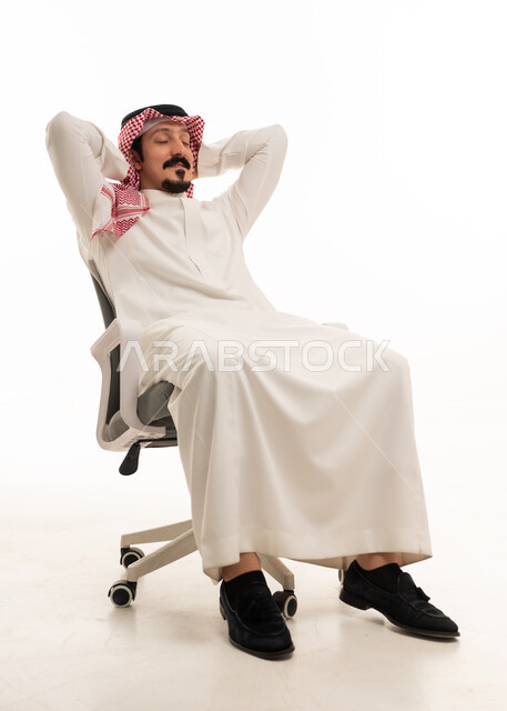 Saudi Man Relaxing in Office Chair White Background