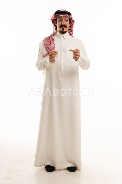 Saudi Man Holding Blank Business Card on White Background