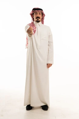 Saudi Man in Traditional Thobe Making Hand Gesture