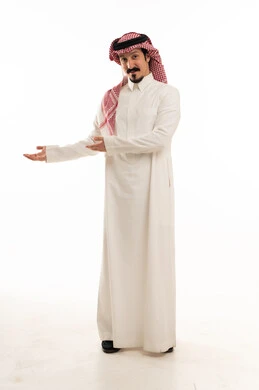 Saudi Man in Traditional Thobe Gesturing on White