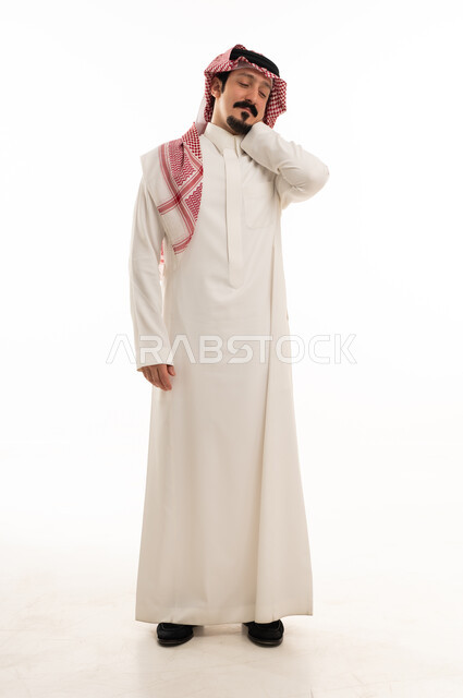 Saudi Man in Thobe with Neck Pain on White Background