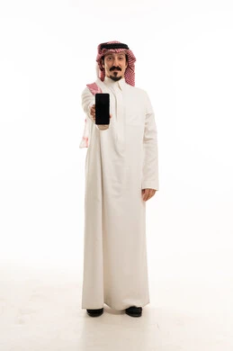 Saudi Man Holding Smartphone on White Background