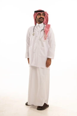 Saudi Male Doctor in Traditional Thobe and Lab Coat