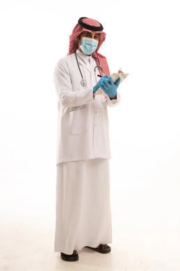 Saudi Male Doctor in Traditional Thobe and Lab Coat