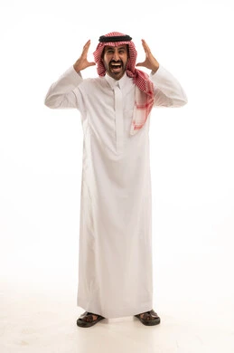 Saudi Man Shouting in Traditional Thobe White Background