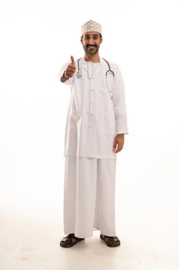 Expressions of agreement and satisfaction, a portrait of an Arab Gulf Omani doctor wearing a dishdasha, turban, medical coat, and mask, holding a stethoscope, working in the health sector, full-body, white background.