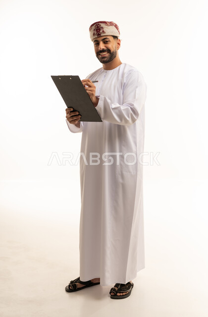 Omani Man Holding Clipboard on White Background
