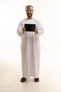Omani Man Holding Digital Tablet on White Background