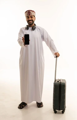 Omani Man with Suitcase and Smartphone Screen