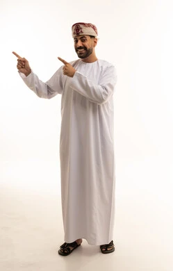 Omani Man in Traditional Dress Pointing on White Background