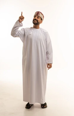 Omani Man in Traditional Dishdasha Pointing Upwards