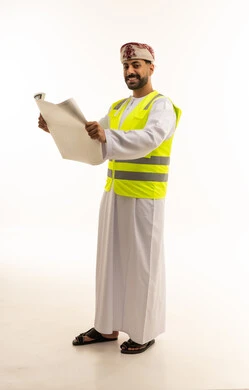Omani Engineer Holding Blueprints on White Background