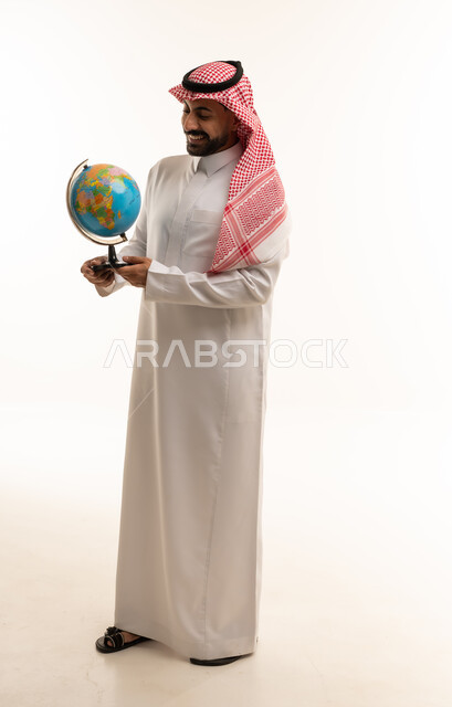 Saudi Man Holding World Globe on White Background