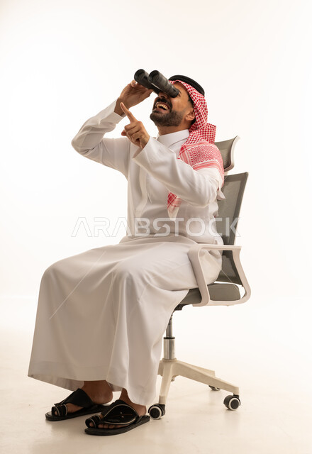 Saudi Man with Binoculars on Office Chair White Background