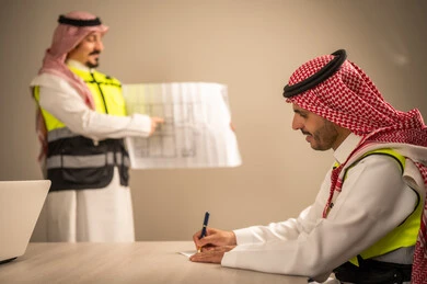 العمل في القطاع الهندسي، متابعة مخطط الاعمار,مفهوم الهندسة والانشاءات المعمارية، مهندس عربي خليجي سعودي يرتدي الثوب التقليدي والشماغ وسترة الحماية يمسك بيده المخطط يتناقش مع مهندس معماري  ، مهنة ووظيفة في السعودية