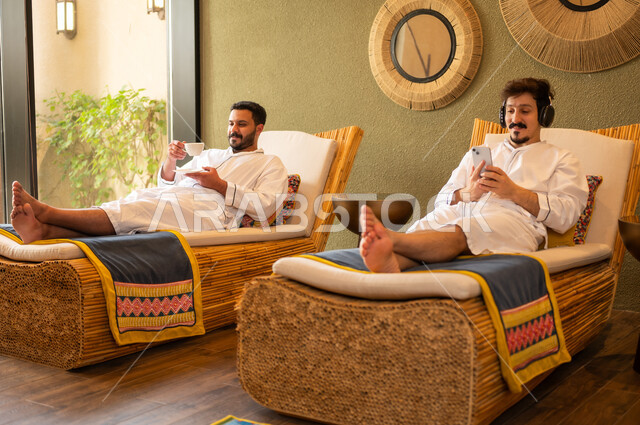 Saudi Men Relaxing in Bathrobes at Luxury Spa