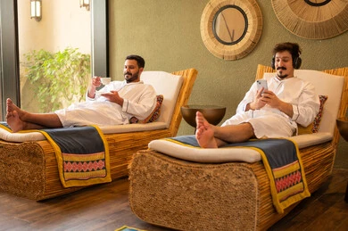 Saudi Men Relaxing in Bathrobes at Luxury Spa