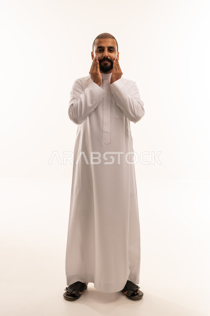 Saudi Man in White Thobe Thinking on White Background