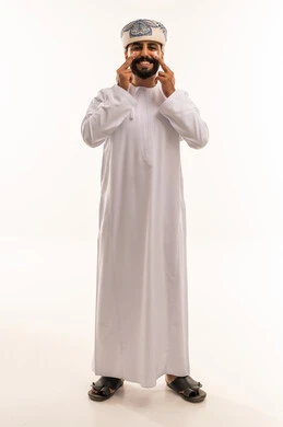 Omani Man in Traditional Dress Smiling on White Background