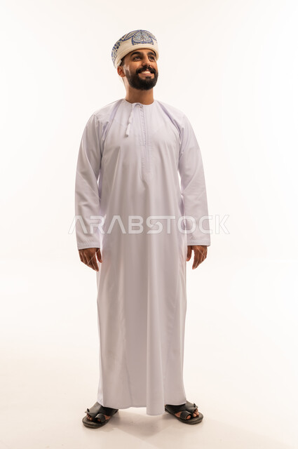 Omani Man in Traditional Dishdasha on White Background