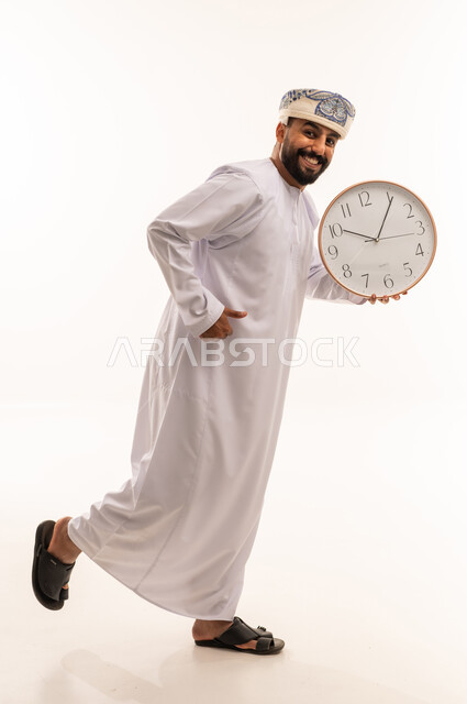 Omani Man Running with Clock on White Background