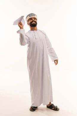 Omani Man in Traditional Dress with Paper Airplane