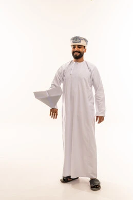 Omani Man Throwing Paper Airplane on White Background
