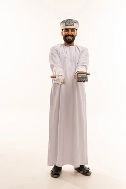 Omani Man Holding Currency and Calculator on White Background