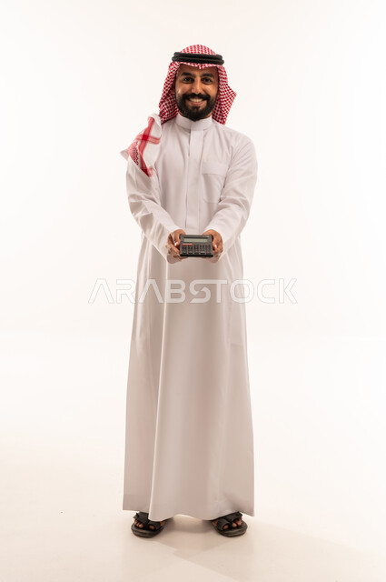 Saudi Man in Thobe Holding Calculator on White Background