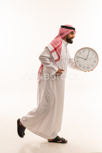 Saudi Man Running with Wall Clock on White Background