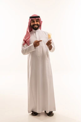 Saudi Man in Thobe Holding Lightbulb on White Background