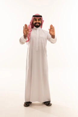 Saudi Man in Traditional Thobe with Hand Gesture