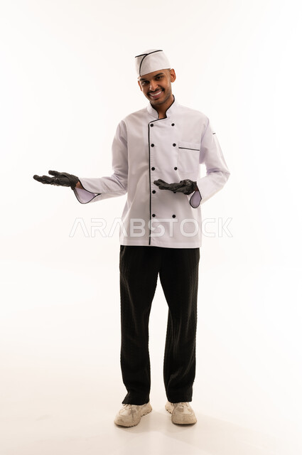 Saudi Chef in White Uniform Presenting on White Background