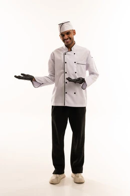 Saudi Chef in White Uniform Presenting on White Background