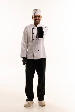 Chef Holding Smartphone on White Background